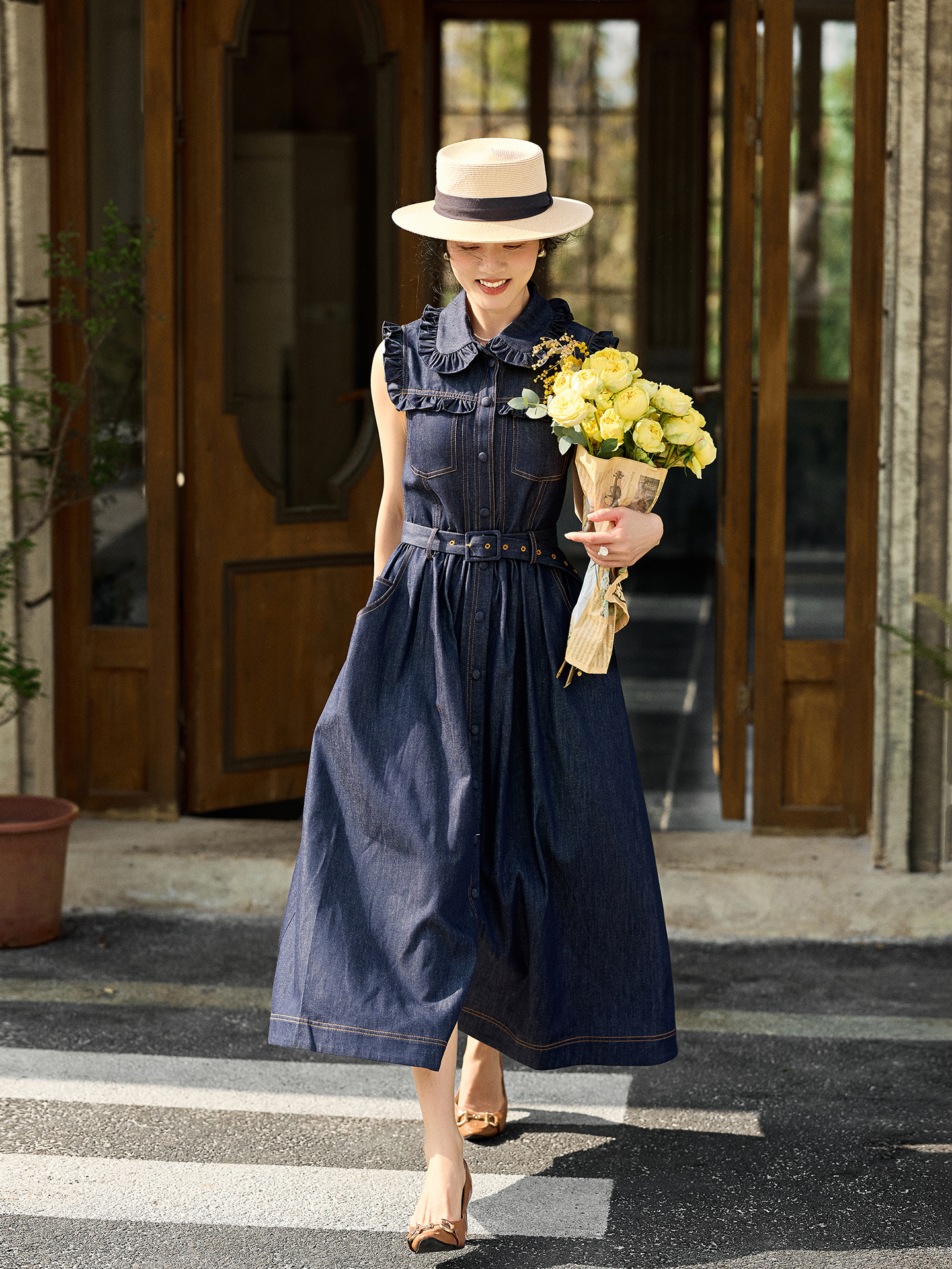 Denim Skirt Midi Vintage - Retro Doll Collar Denim Dress Sleeveless