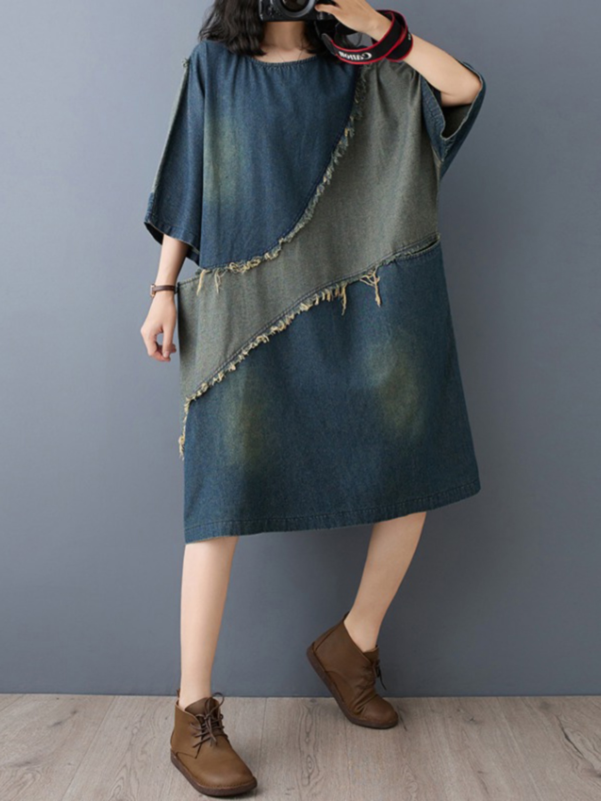 Denim Skirt Midi Vintage - Washed Denim Color Block Hemmed Vintage