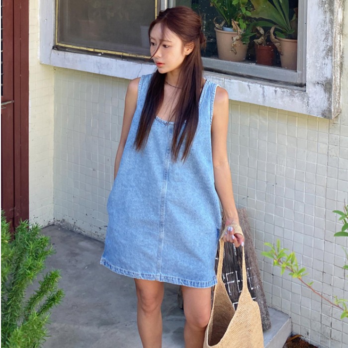 Denim Skirt Midi Vintage - Sleeless Back Zipper Side Slit Denim