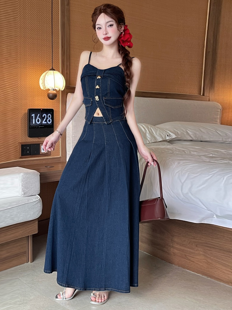 Denim Skirt Midi Vintage - Sexy Vintage Metal Buckle Design Off-Shoulder