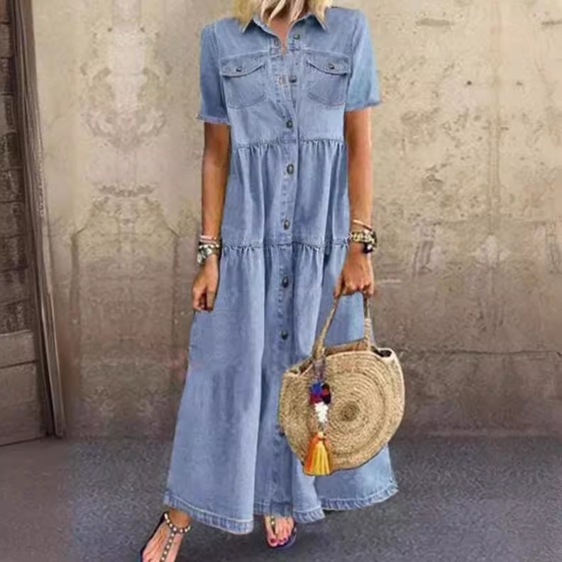 Denim Skirt Midi Vintage - Vintage Style Long Multi-Buckle Denim Dress
