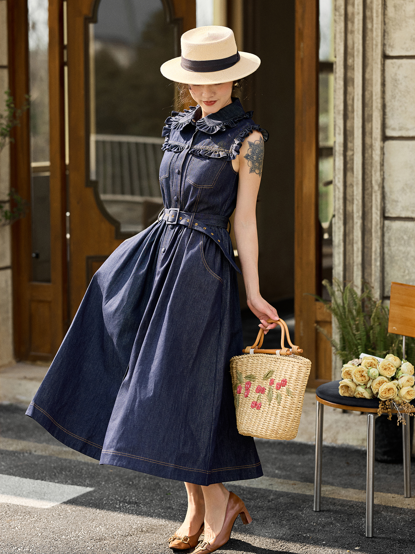 Retro Doll Collar Denim Dress  - Denim Skirt Midi Vintage recension och pris