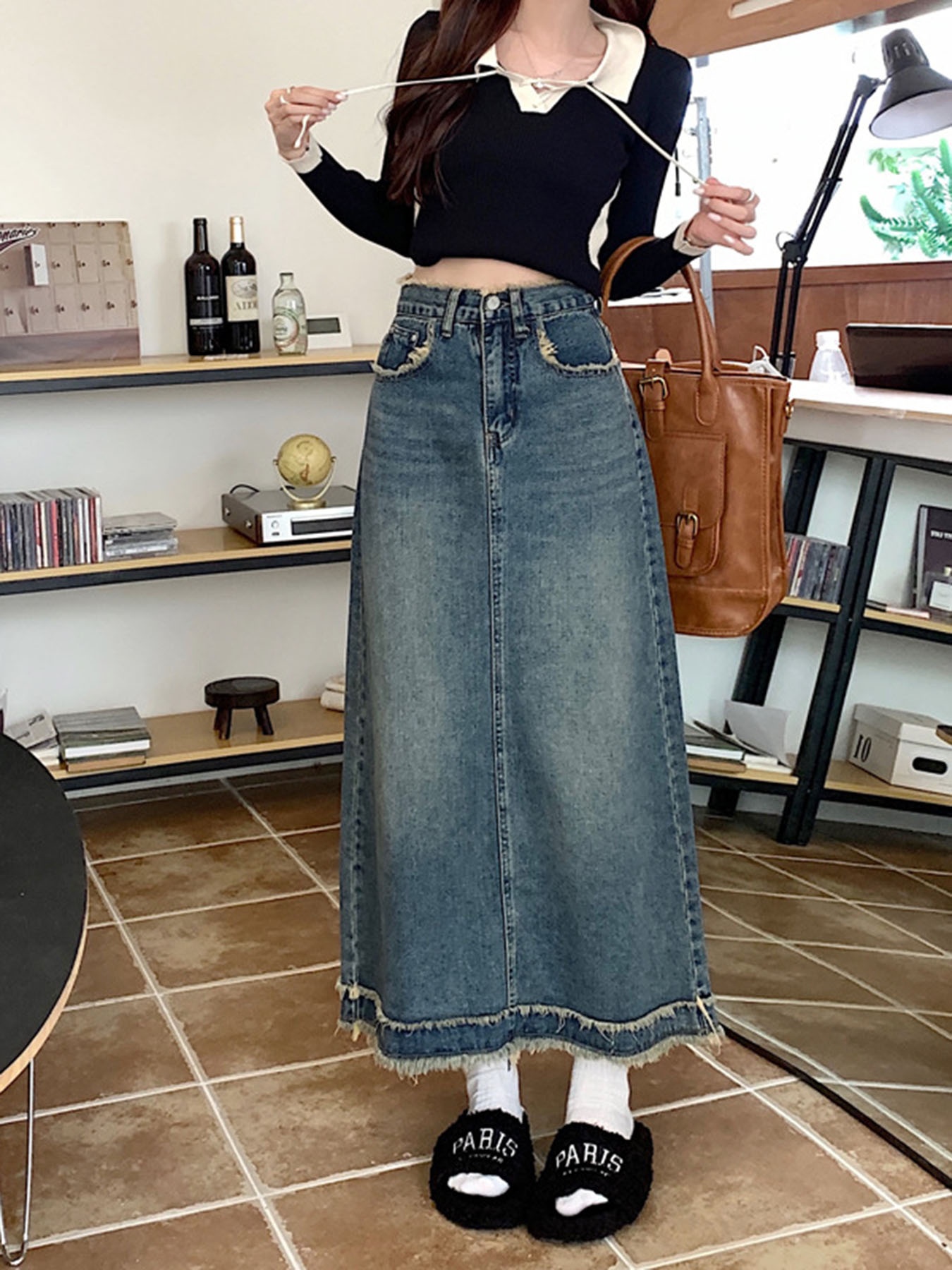 Vintage Frayed Edge High-Waist - Denim Skirt Midi Vintage recension och pris