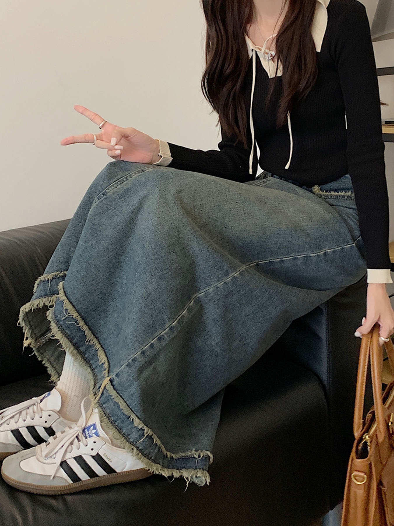 Vintage Frayed Edge High-Waist - Denim Skirt Midi Vintage recension och pris