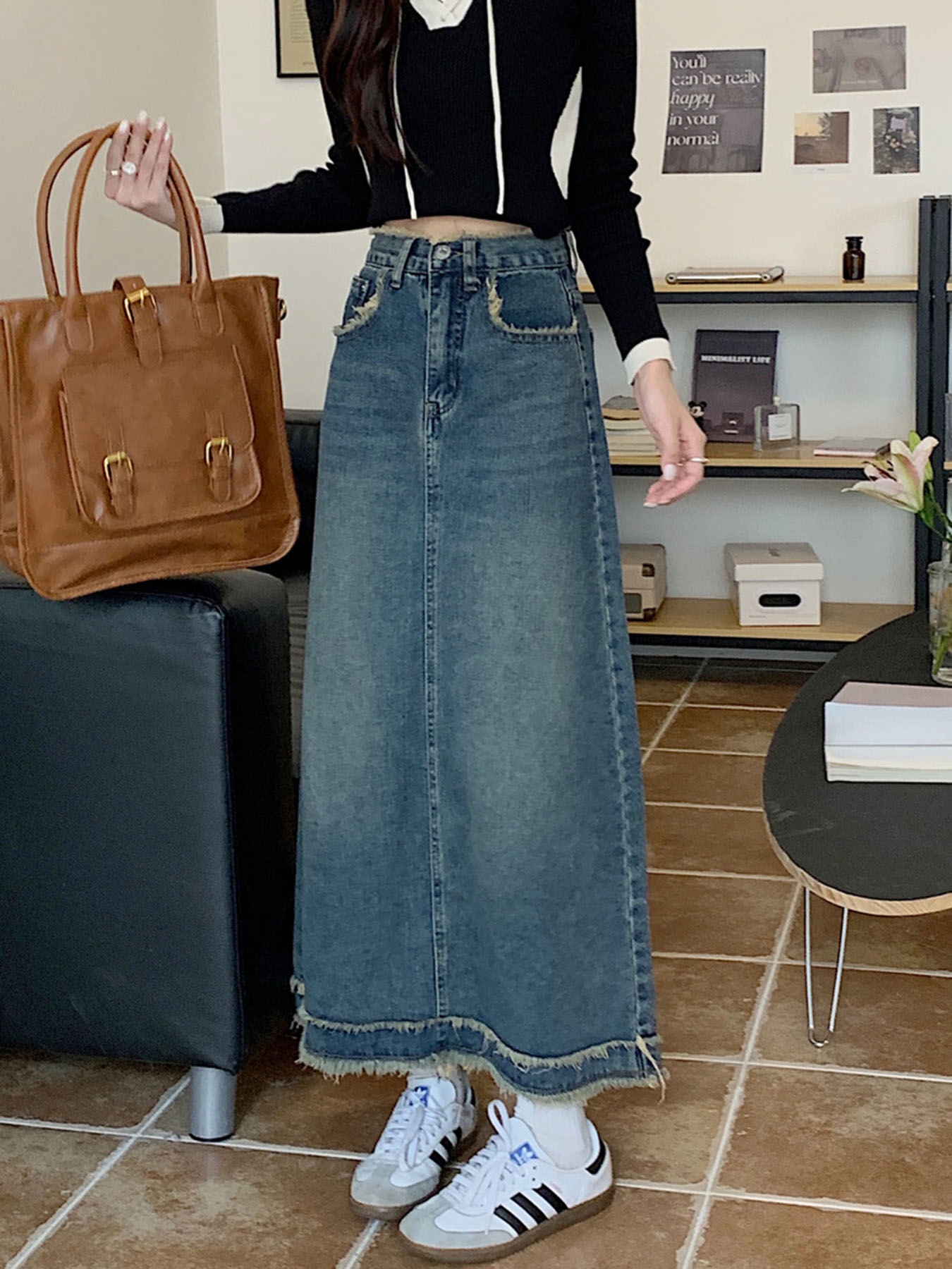 Vintage Frayed Edge High-Waist - Denim Skirt Midi Vintage recension och pris